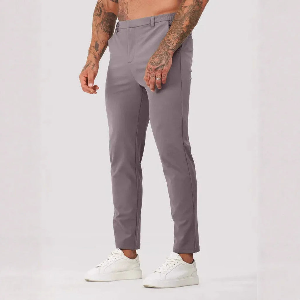 Men's solid colour straight leg suit trousers, mid waist button fly, polyester blend, five colours
