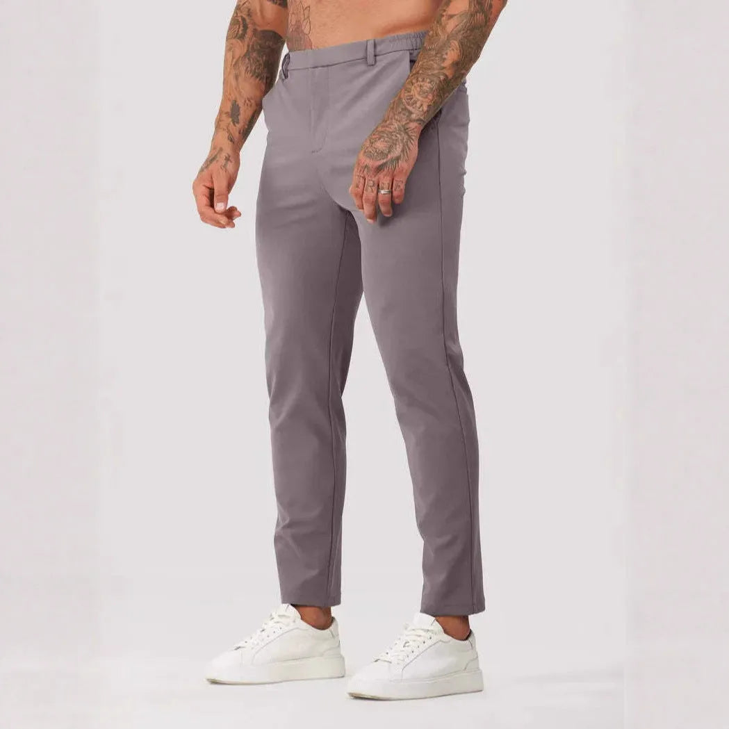 Men's solid colour straight leg suit trousers, mid waist button fly, polyester blend, five colours