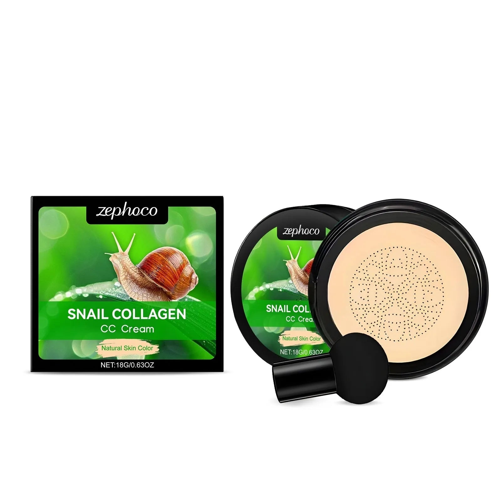 ZEPHOCO Moisturising CC Cream 18g tube and mushroom powder puff in ivory white or natural colour
