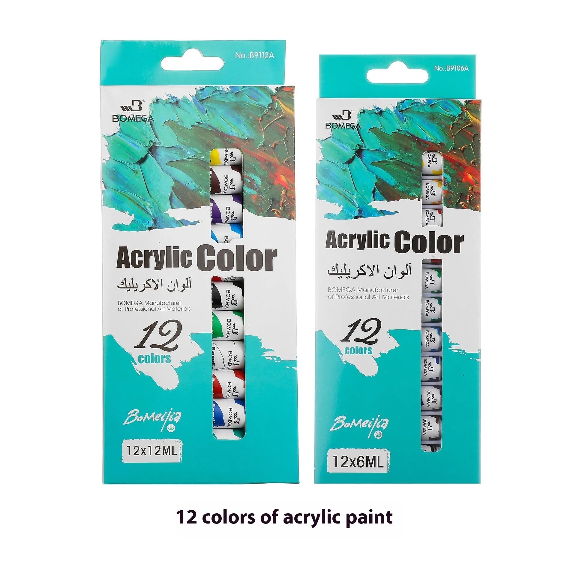 Strip of twelve tubes of artist paint in a 12-colour set for acrylic, gouache, watercolour, and oil painting mediums.