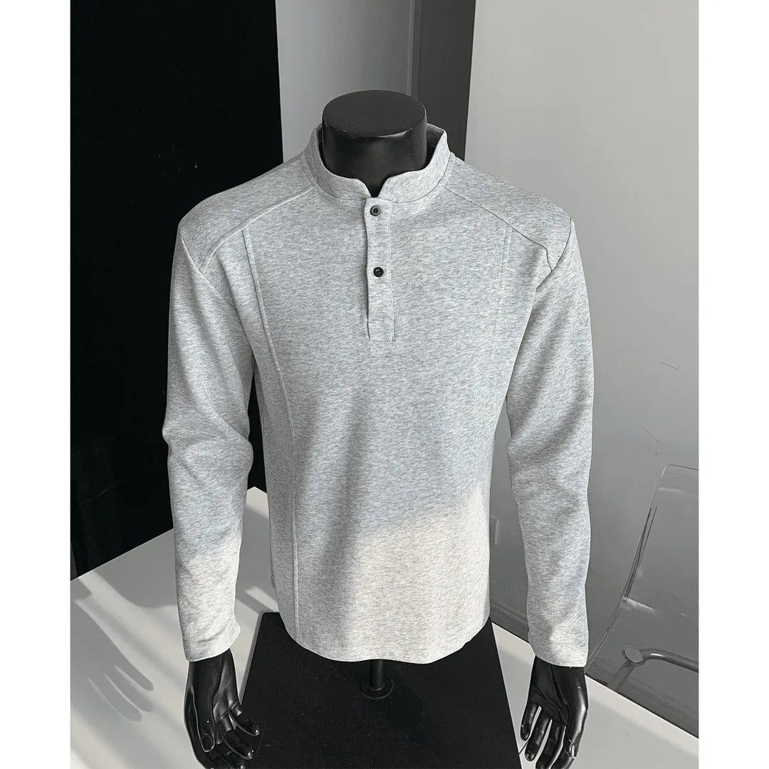 Men's loose-fit long-sleeve polo shirt with a stand-up collar and asymmetric patchwork design in Chinese cotton.