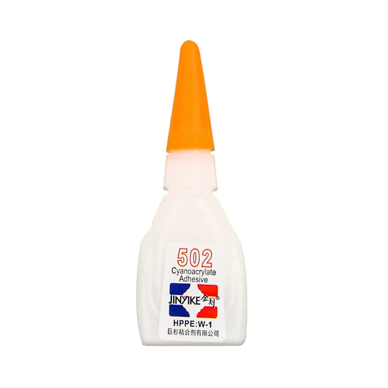Tube of instant strong adhesive glue for shoe and leather repair with applicator tip.