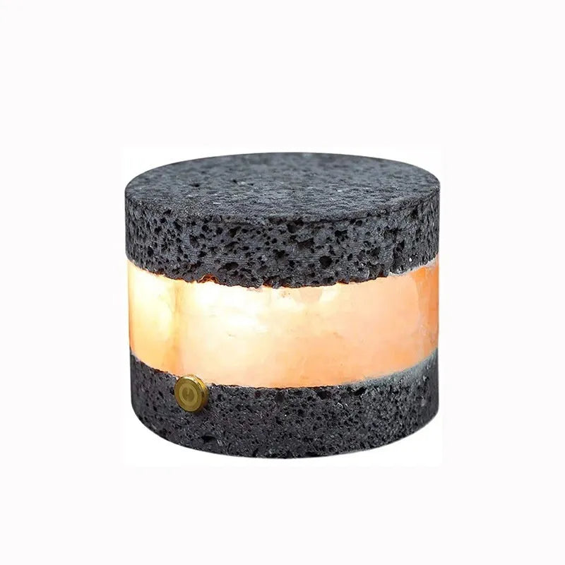 Small orange volcanic rock touch lamp with USB port and essential oil well in warm white.