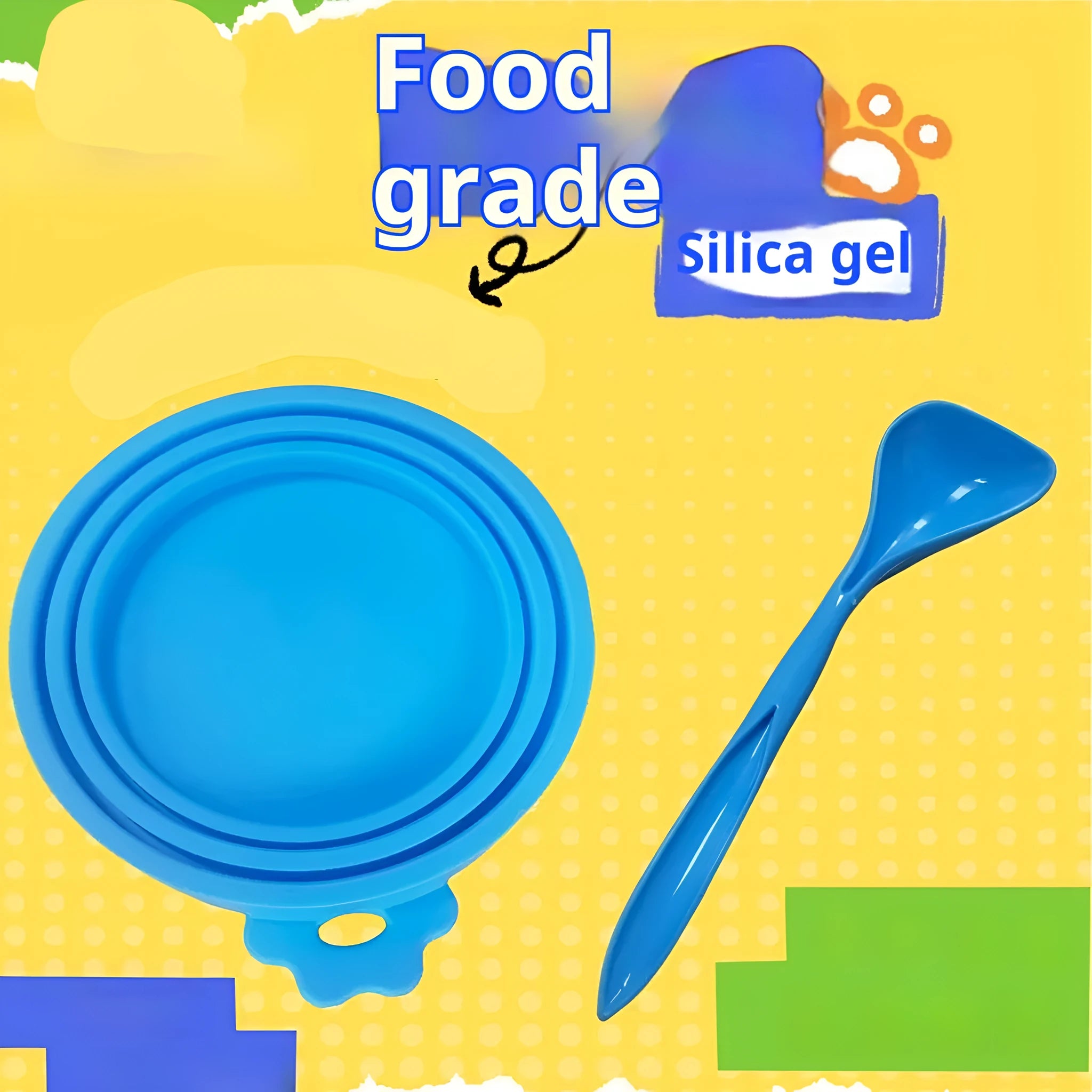Silicone pet seal three-in-one can cover and spoon in sky blue on a pet food tin