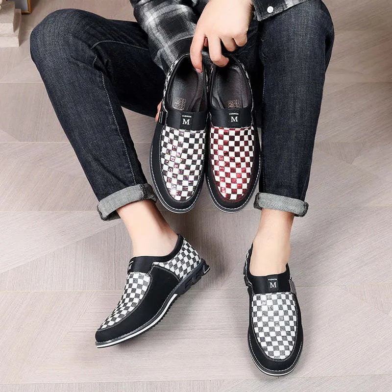 Large size men's business casual shoes with grid pattern, round toe, cloth upper, sizes 39-50, Black, Red, and White