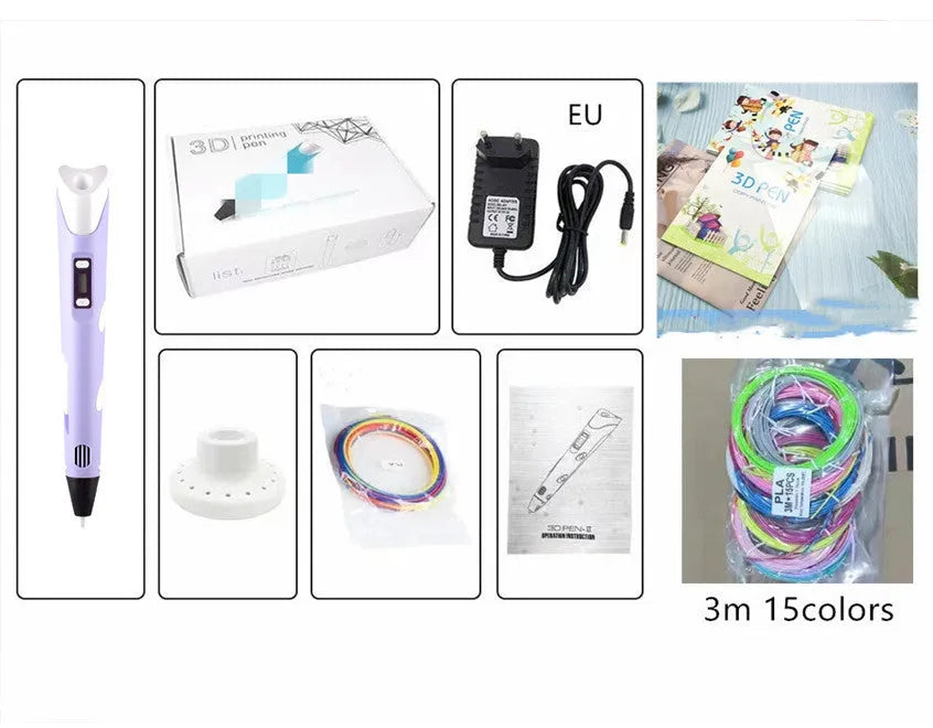 Children's 3D printing pen set with plastic pen, 5V USB English version, 3m consumables, base, and colour box