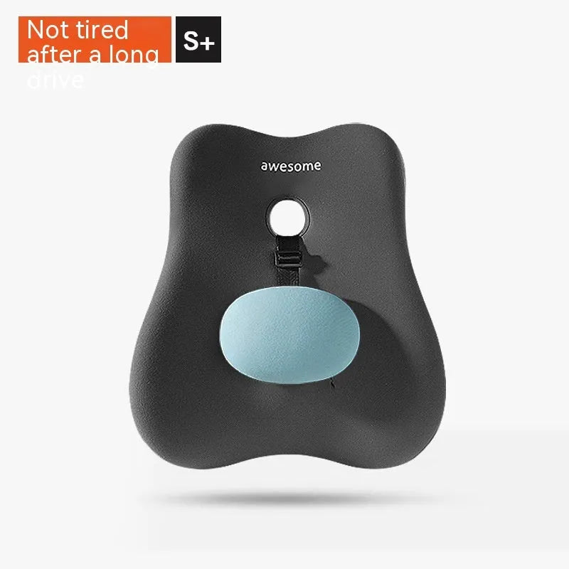 Black lumbar support pillow with memory foam filling and a textured imitation brocade cotton cover for car and office use.