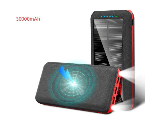 Wireless power bank with Qi charging showing three USB ports and LED flashlight in black-blue colour