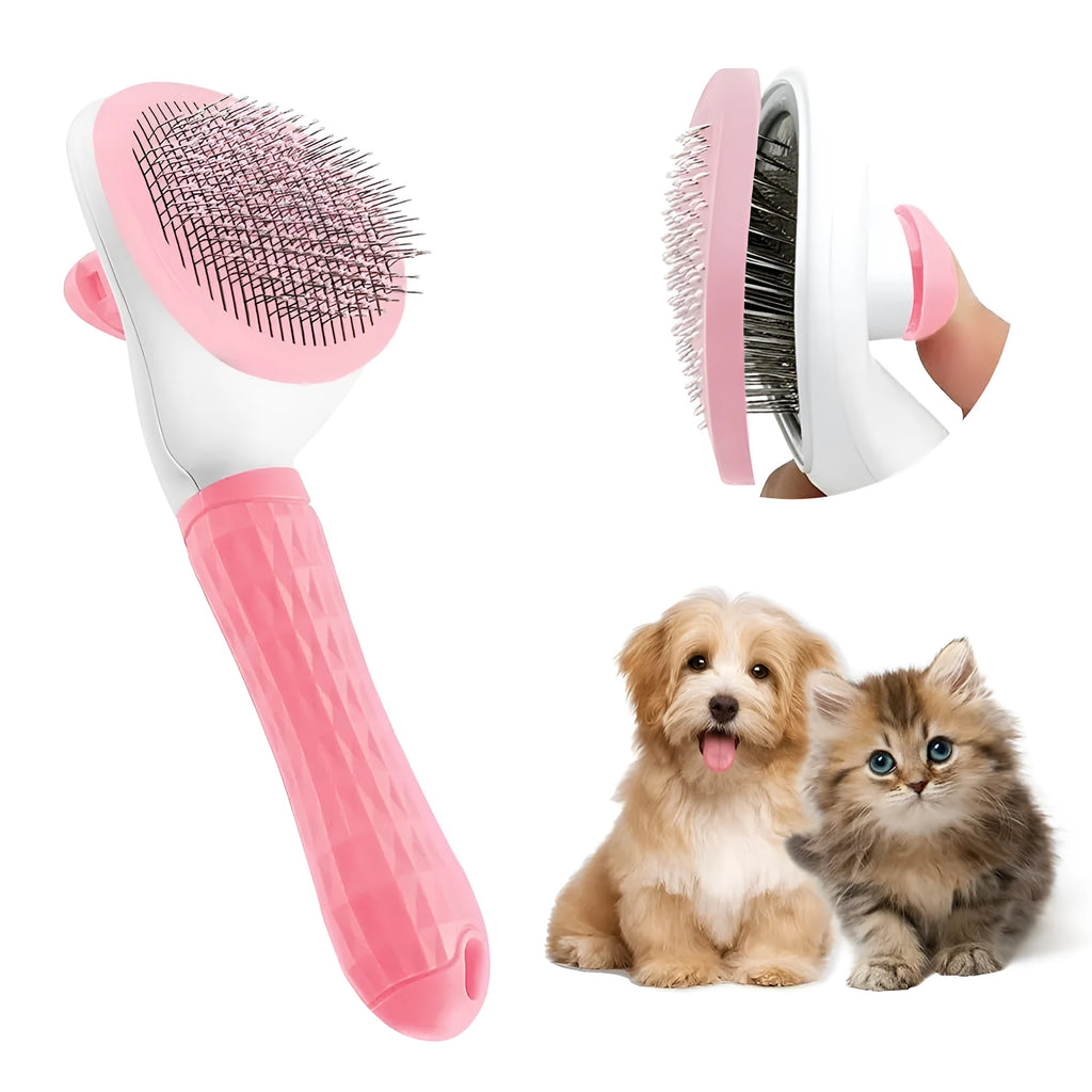 Blue cat grooming brush with a release button for removing pet hair