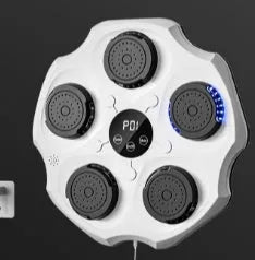 Black Bluetooth music boxing wall target hanging on a wall with gloves.