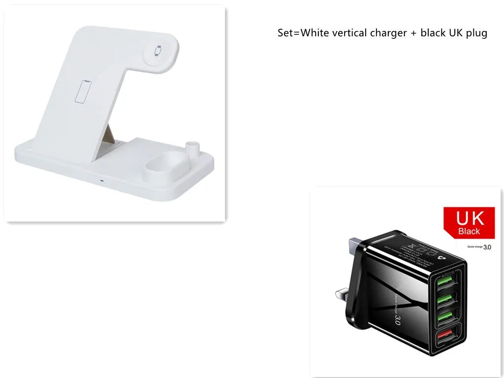 A white 4-in-1 wireless charging station with an iPhone, Apple Watch, and AirPods charging on its adjustable, foldable stand.