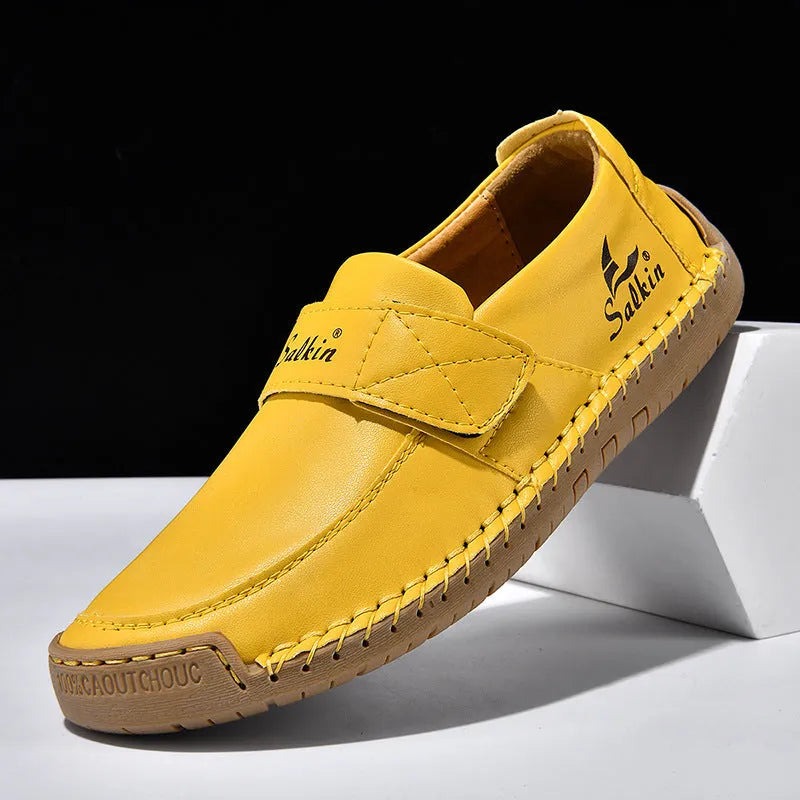 Autumn leisure hand-stitched PU leather shoes with Velcro fastening in rose red, flat heel