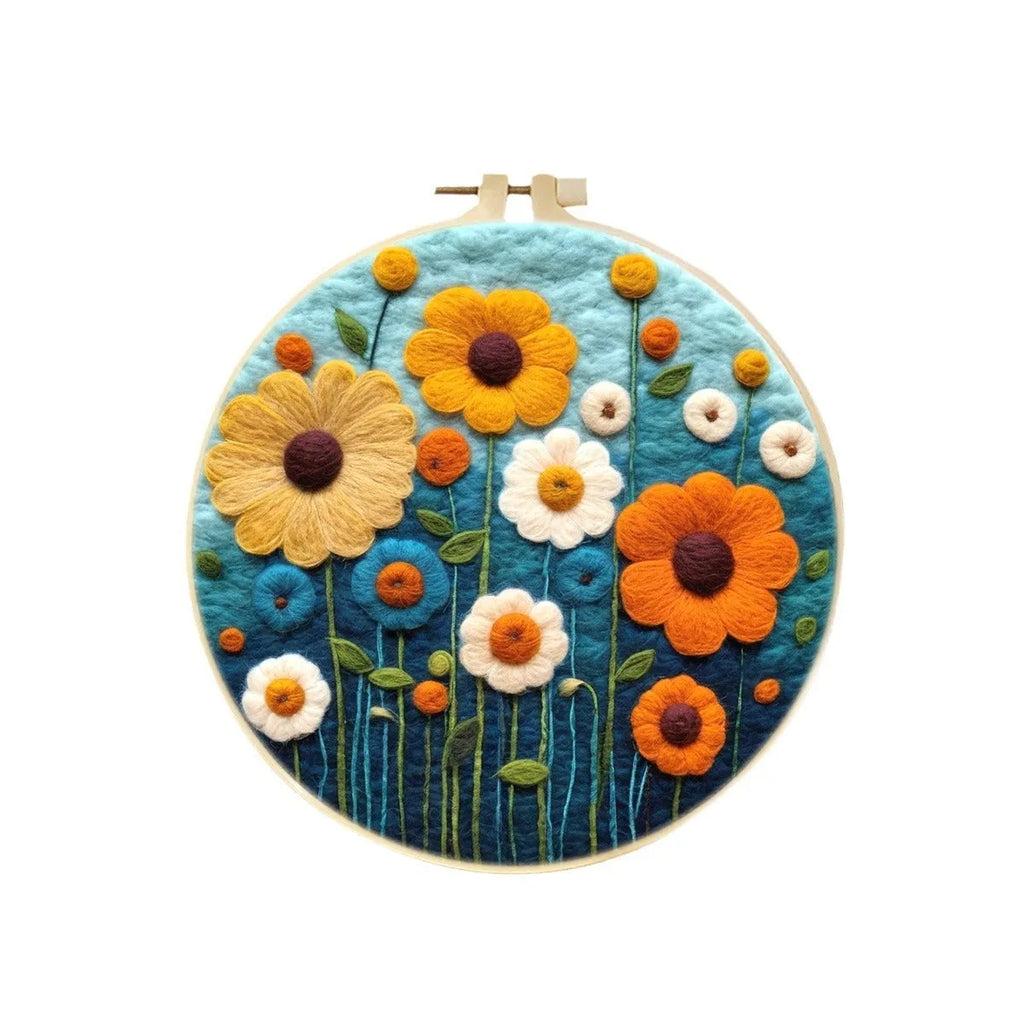 Round fabric embroidery decoration kit with linen material, wool felt, and free frame for three-dimensional blanket painting