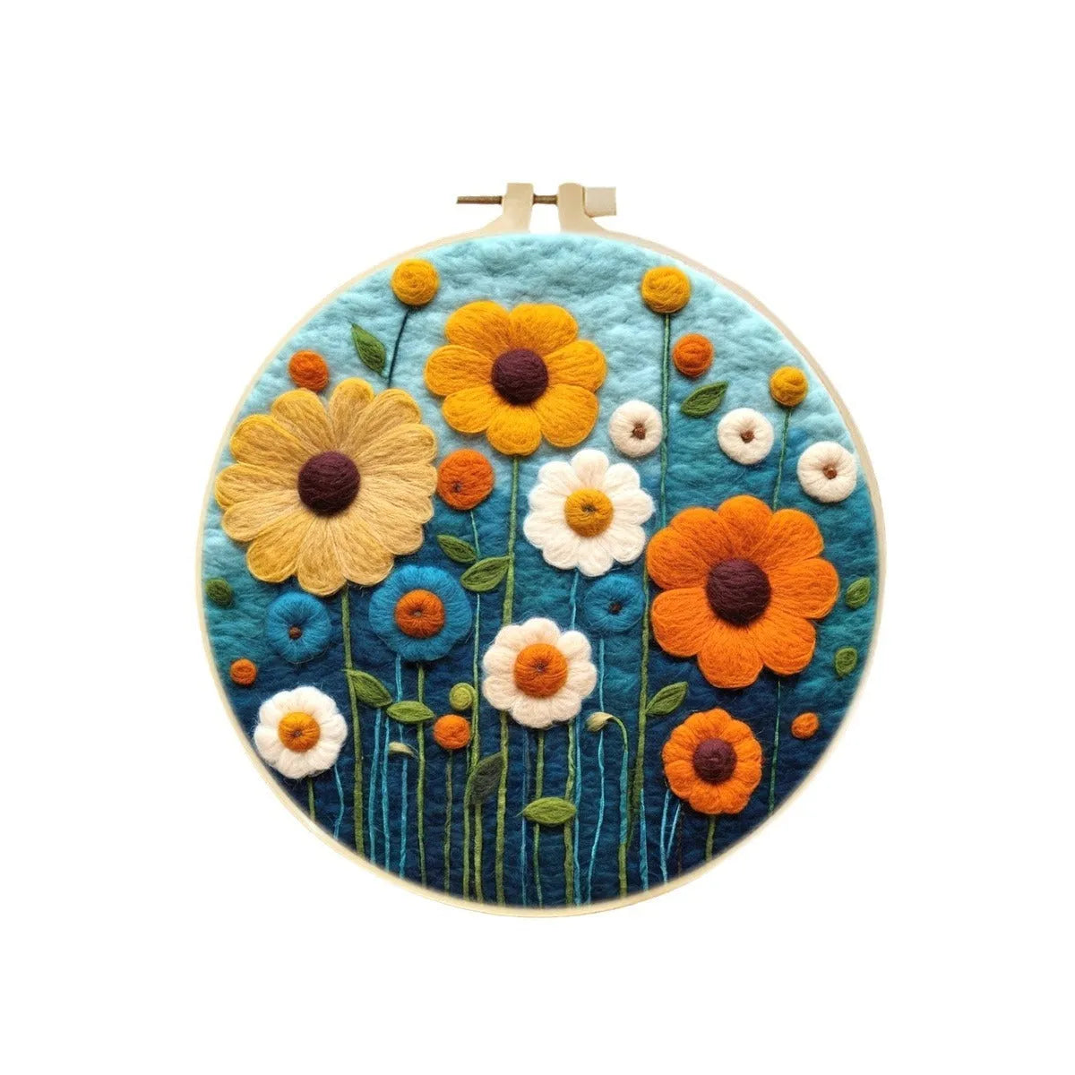 Round fabric embroidery decoration kit with linen material, wool felt, and free frame for three-dimensional blanket painting