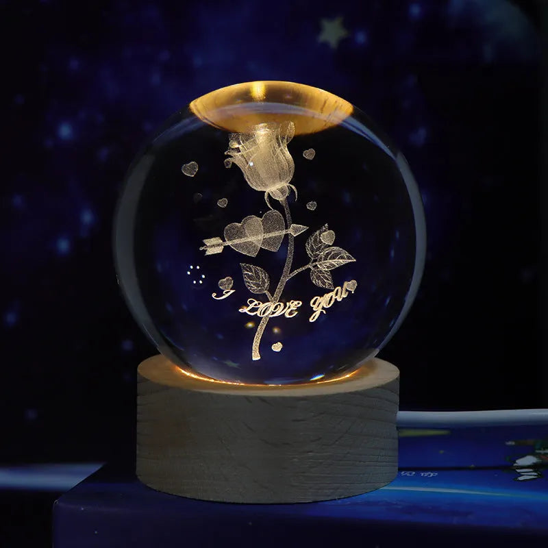 3D crystal ball night light with Milky Way planet design, 6cm glass ball, solid wood lamp holder, plug-in.