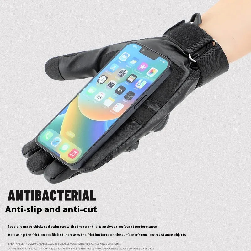 Men's black full finger tactical training gloves with touchscreen fingertips on a hand.