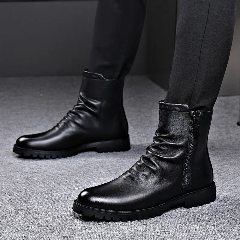 Men's black high-top leather Martin boots with side zipper, two-layer cowhide upper, and artificial wool lining.