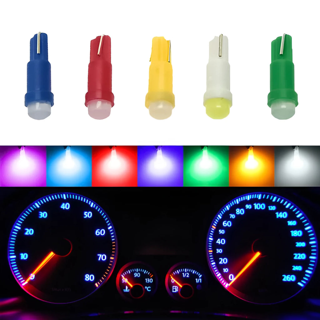 T5 ceramic base car instrument LED bulb showing seven colour options including blue, green, red, and yellow