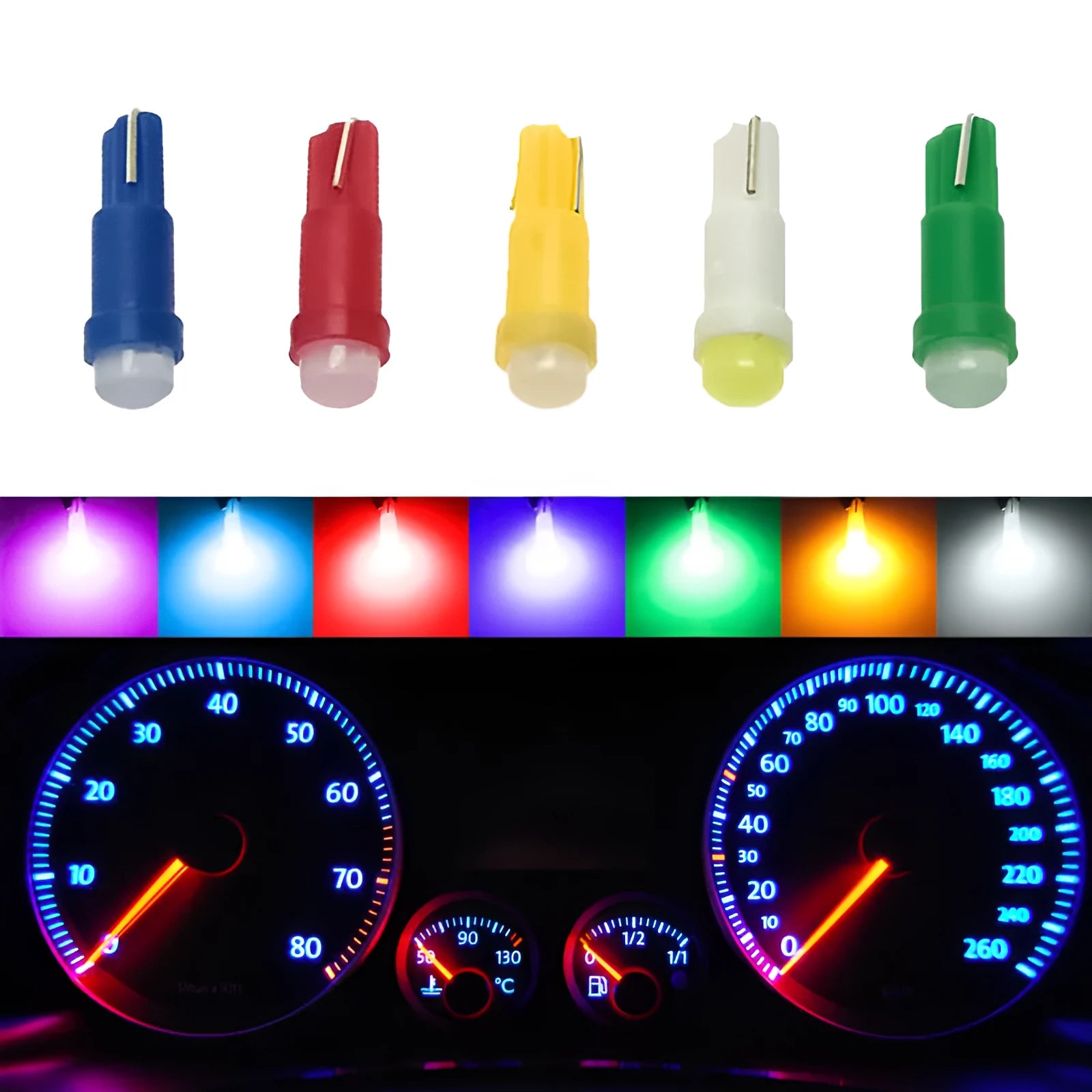 T5 ceramic base car instrument LED bulb showing seven colour options including blue, green, red, and yellow