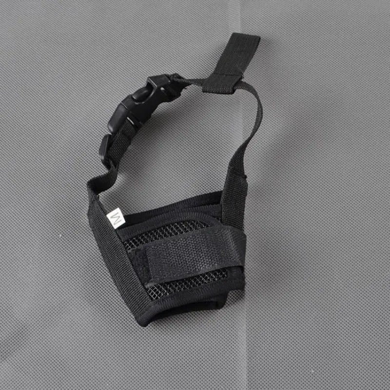 Adjustable plastic dog muzzle for biting and barking control, shown in multiple colour options.