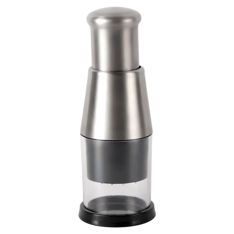 Black manual garlic press and onion chopper with stainless steel blades on a kitchen counter.