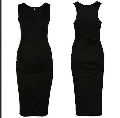 Black sleeveless deep V-neck maternity dress on a pregnant woman for casual wear