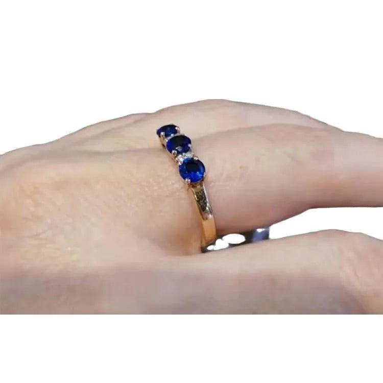 Copper geometric ring with blue stone inlay, rose gold and purple gold electroplating, adjustable opening for women