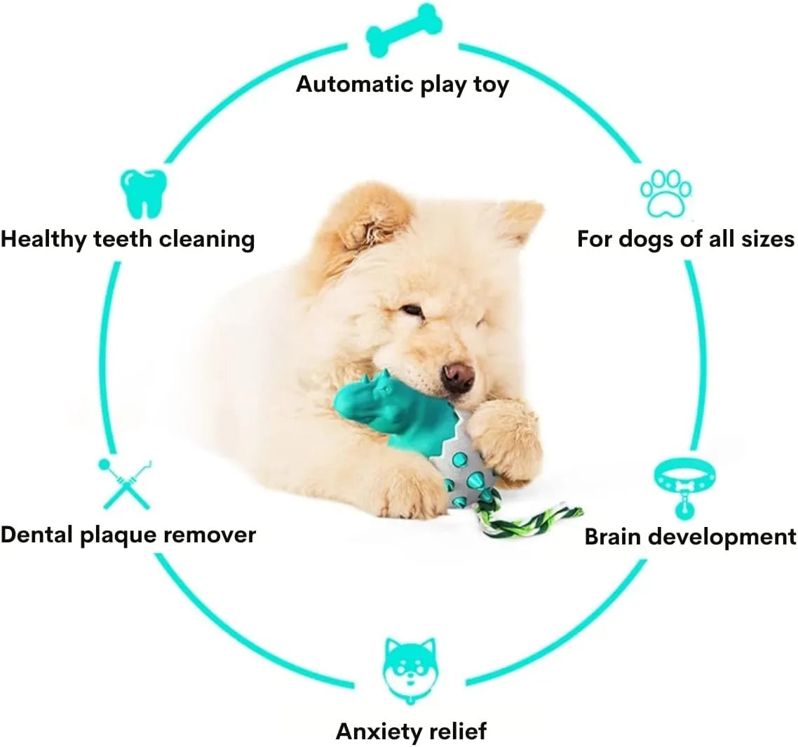 Blue durable rubber and nylon dinosaur-shaped dog chew toy with an integrated rope for aggressive chewers.