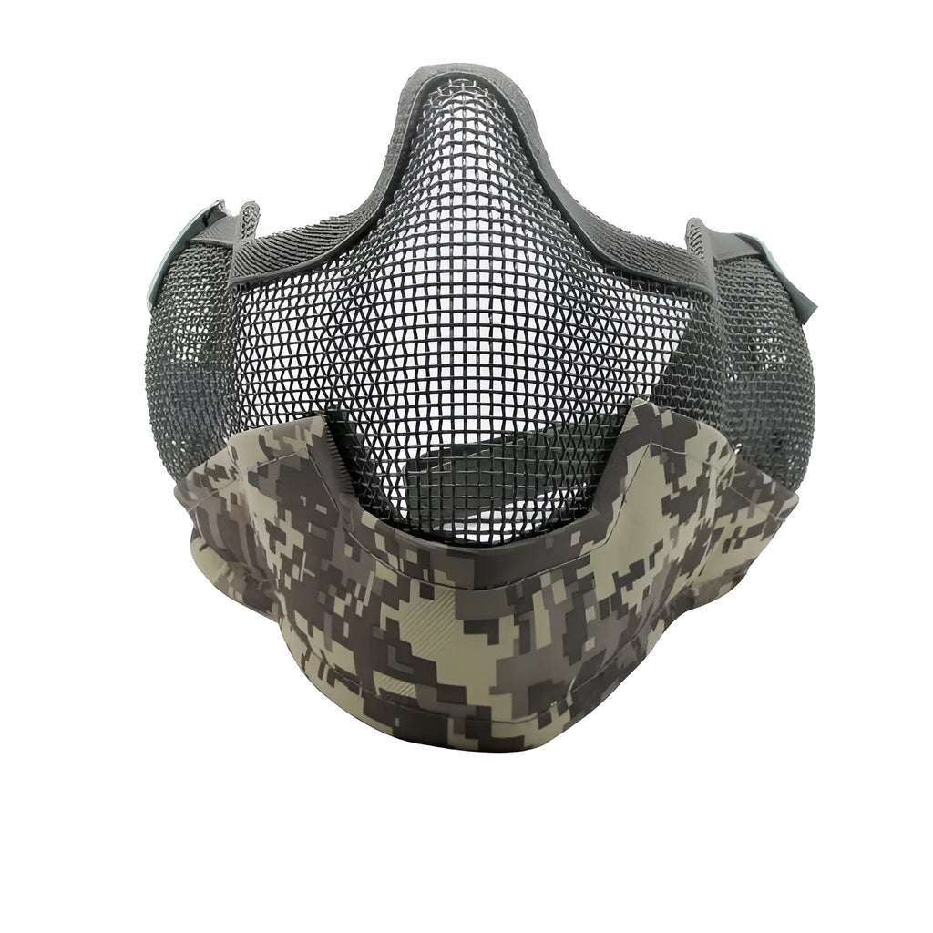 Carbon steel mesh face mask in black with head-mounted straps for outdoor anti-collision use