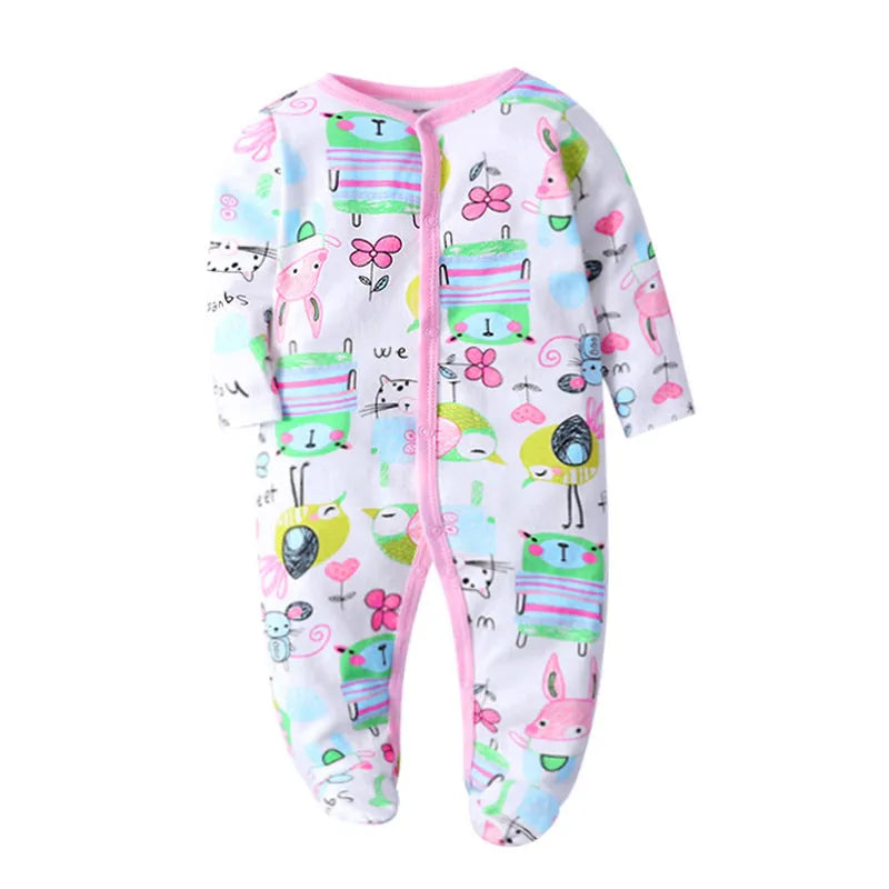 Cotton baby one-piece romper in a dinosaur print style for infants, showing size options from 3 to 12 months.