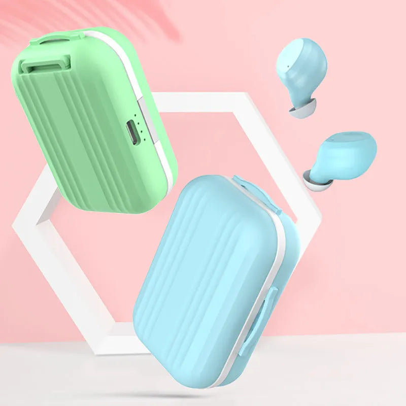 M1012 Macaron wireless sports headphones with charging bin, shown in Black, Green, Pink, Sky Blue or White