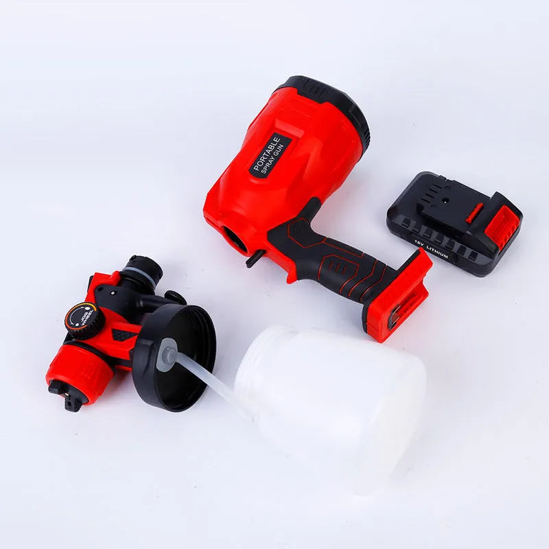 Blue cordless paint spray gun with 800ml watering can and lithium battery pack