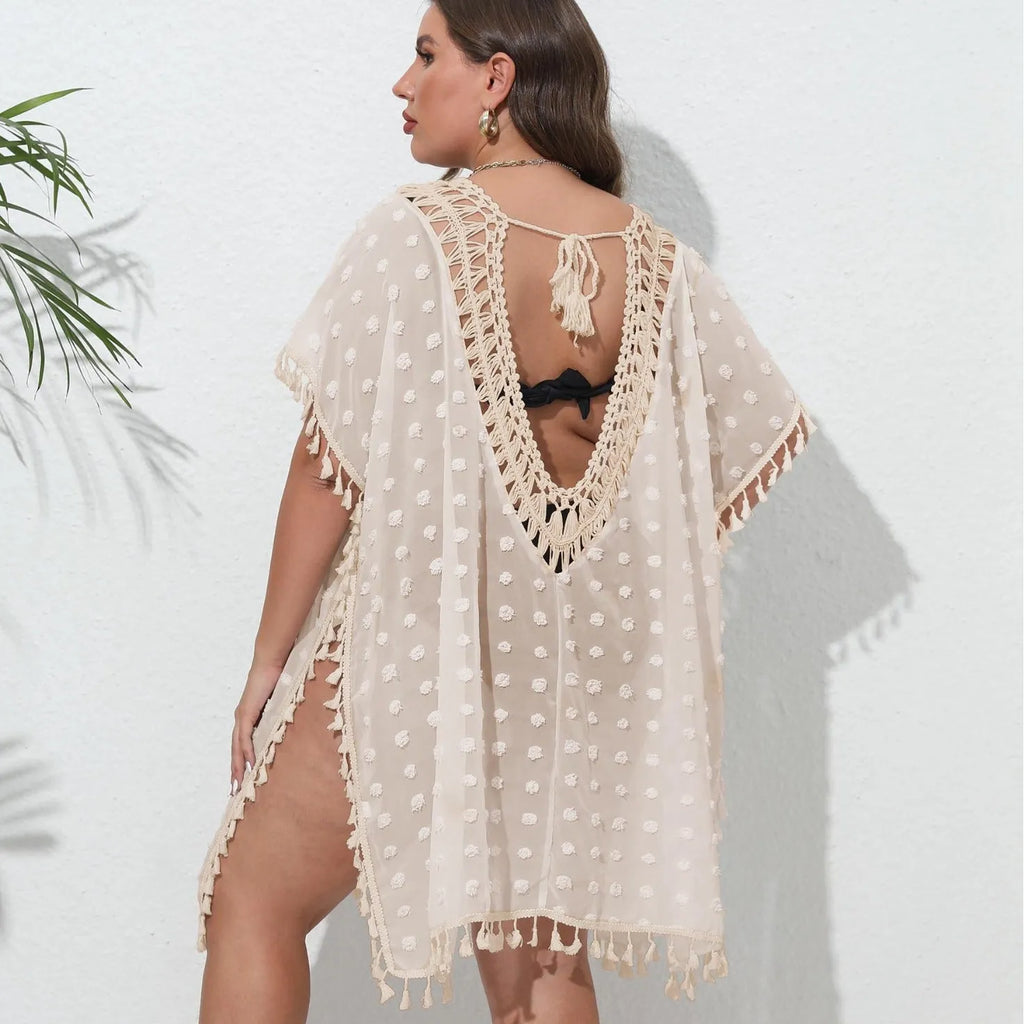 Three-dimensional chiffon V-neck see-through tassel patchwork beach dress in solid colour front view
