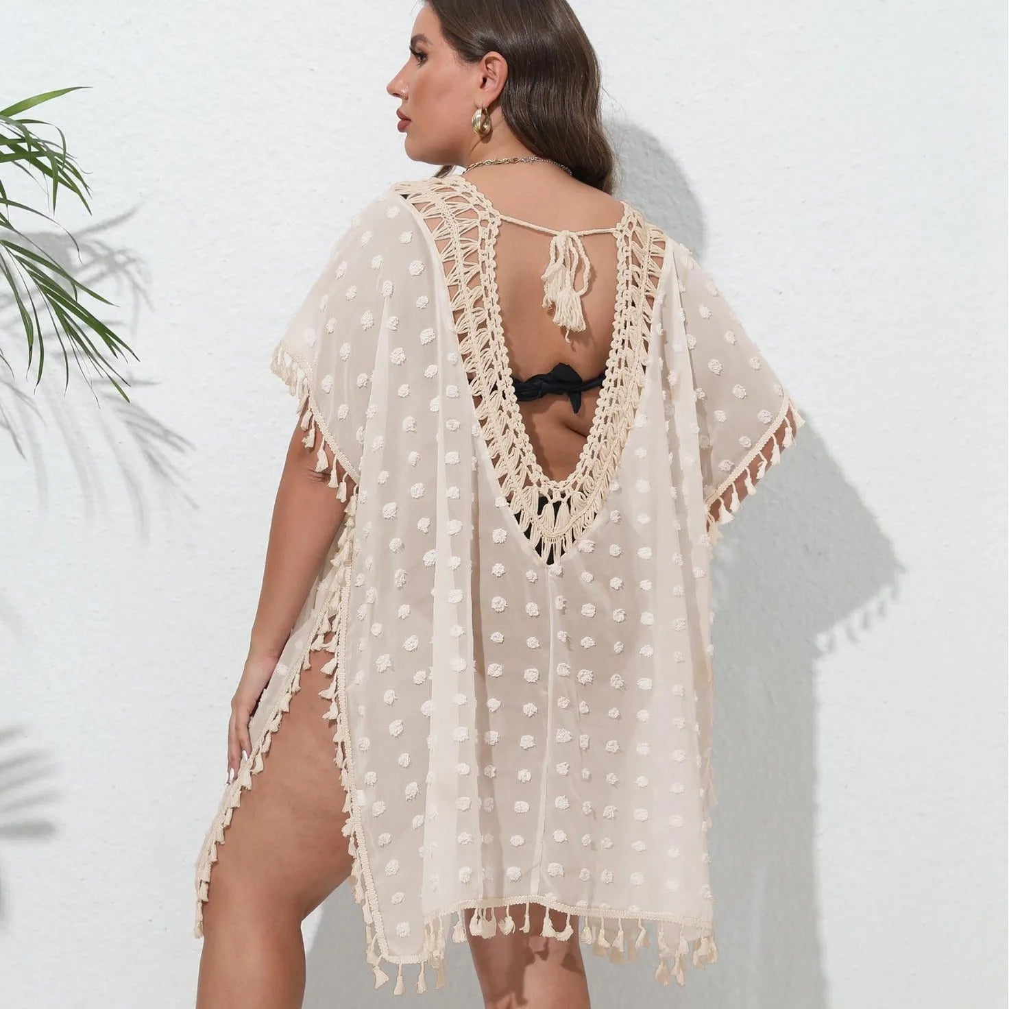 Three-dimensional chiffon V-neck see-through tassel patchwork beach dress in solid colour front view