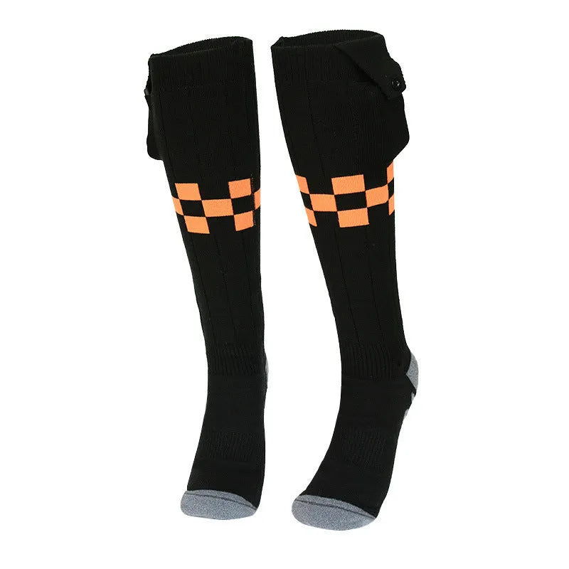 Smart APP controlled heated ski socks in black and gray mesh with far infrared heating and USB rechargeable battery