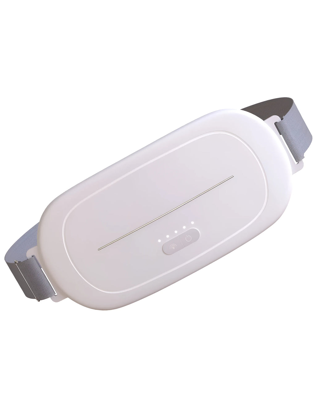Handheld white silicone uterine warming device for menstrual pain relief with a single control button.