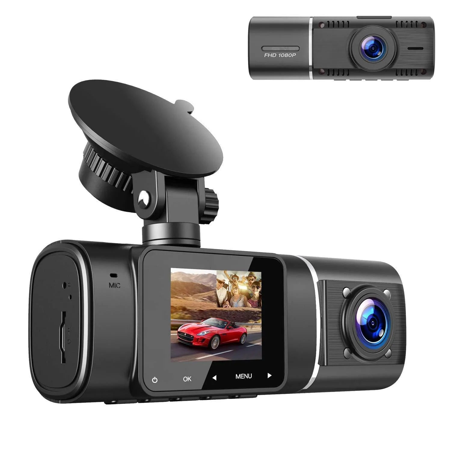 Black dual-channel car dash cam on windscreen mount with rear camera cable.