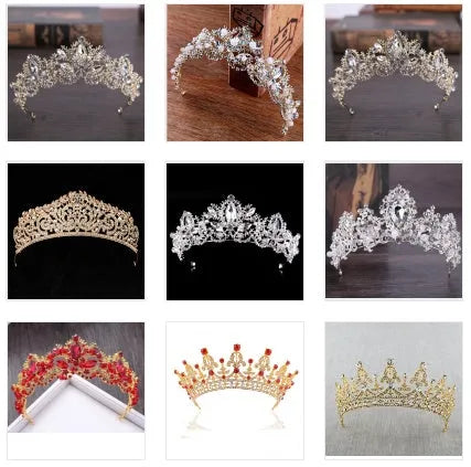 Light gold baroque bridal crown tiara with AB crystals on alloy frame measuring 15 cm diameter