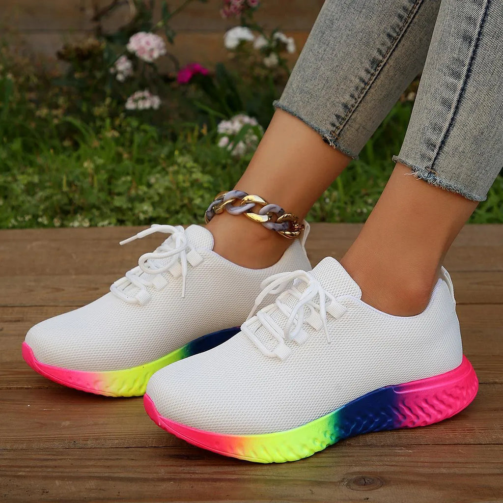 Women's plus-size rainbow low stretch pumps in white, flat heel, round toe, lace-up front, breathable mesh lining