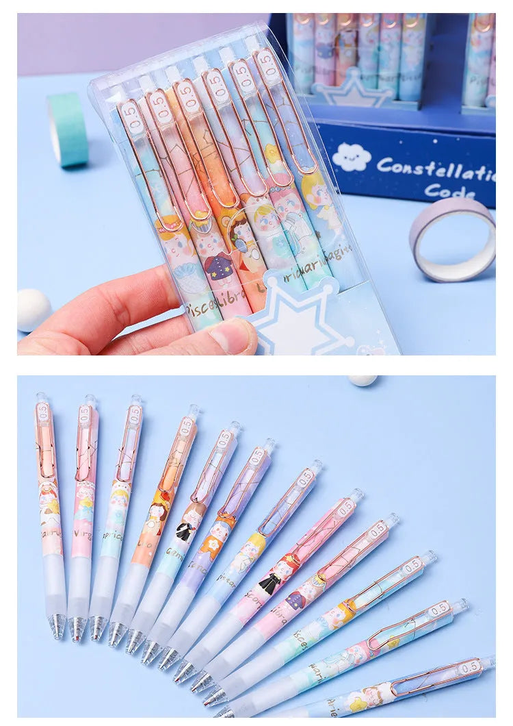 Six Lisa's Secret Constellation press gel pens with zodiac cartoon designs and 0.5mm tips
