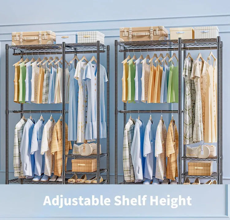 Black metal freestanding floor storage rack for clothes hangers, trousers, and ties.