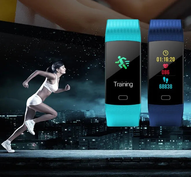 Smart band fitness tracker with heart rate monitor, 0.96 inch TFT colour screen, IP67 waterproof, adjustable strap, five colours
