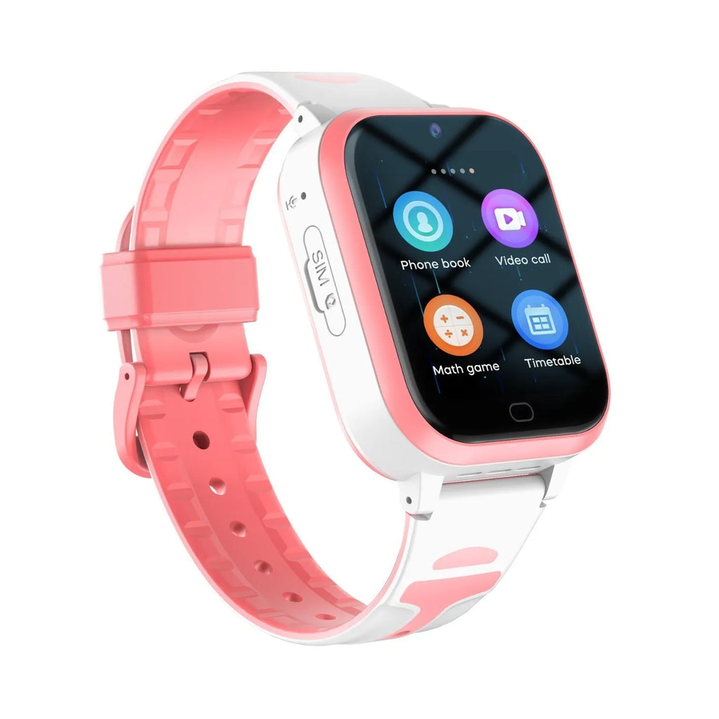 Child smart watch phone in black, blue, and pink colours with 1.83-inch screen and wrist strap