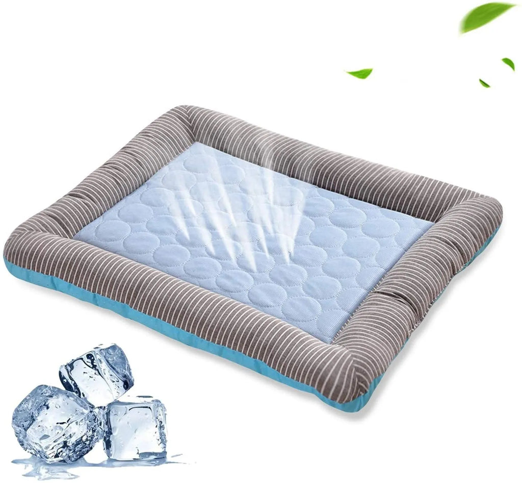 Blue pet cooling pad bed made of ice silk fabric with non-slip base for dogs and cats