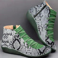 Women's casual flat ankle booties in a leopard print colour with a round toe and low wedge heel.