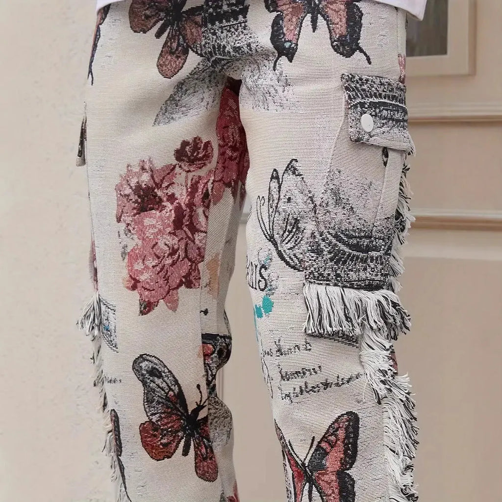 Men's slim fit animal digital printed denim trousers in cotton, mid waist, zip closure