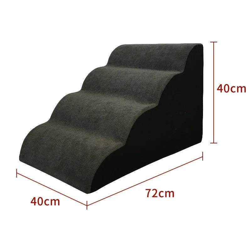 Wooden pet stairs with a removable washable cover for dogs, shown in brown, creamy white, or dark grey.