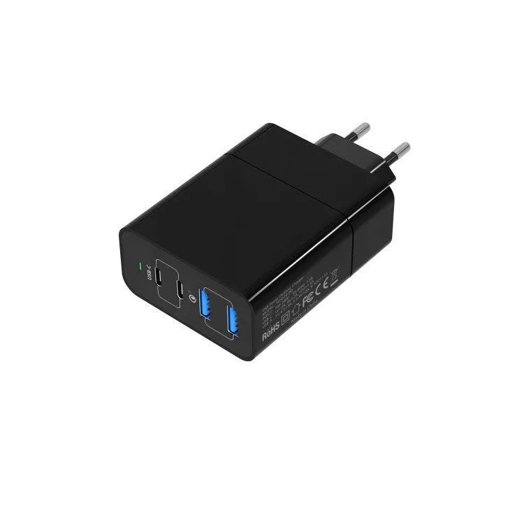 Black dual port USB-C and USB-A charger with US plug, 48W total power, compact design on white background
