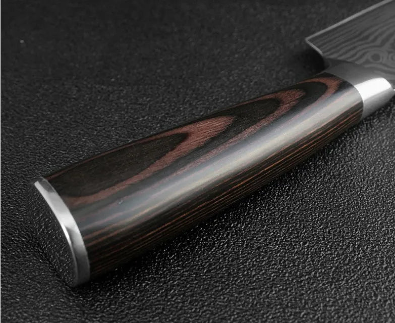 7Cr17 stainless steel kitchen knife with Damascus pattern blade and coloured wood handle on a cutting board.