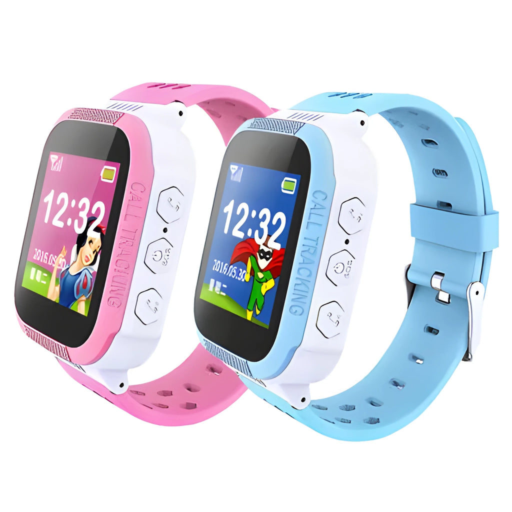 Blue and pink children's phone watch with 1.44-inch IPS screen showing simple interface